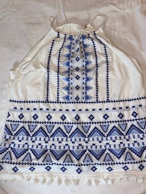 Skies Are Blue White Halter Top with Blue Embroidery